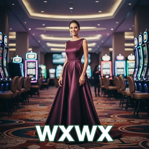 Jogadora elegante entre máquinas de slots no wxwx.