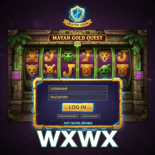 Interface do wxwx com login e a slot Mayan Gold Quest.