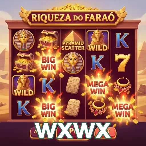 Tela de jogo 'Riqueza do Faraó' no wxwx com símbolos e prêmios.